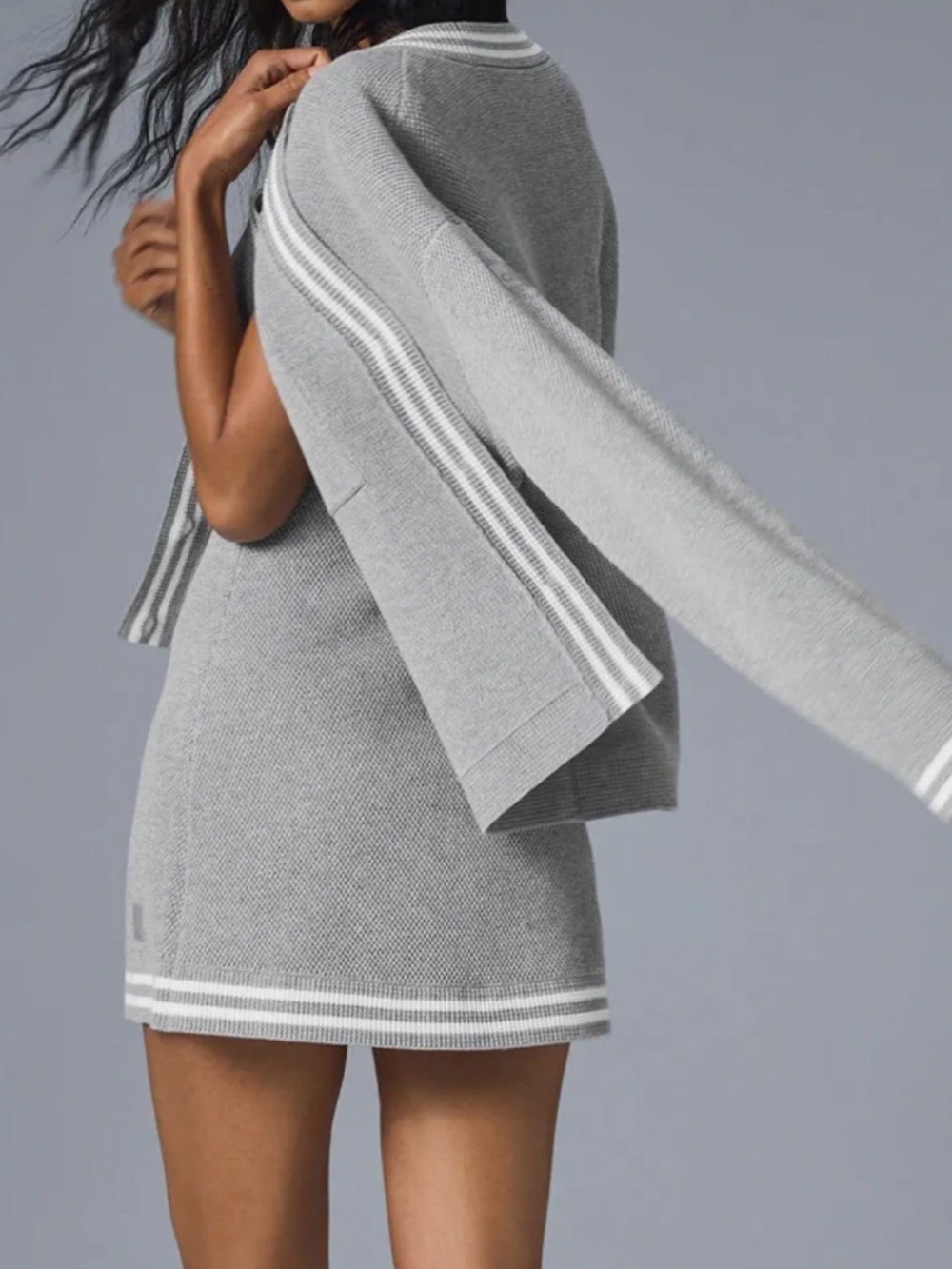 Tennis Club Grey Knit Two-Piece Sweater Dress and Cardigan Set with White Trim